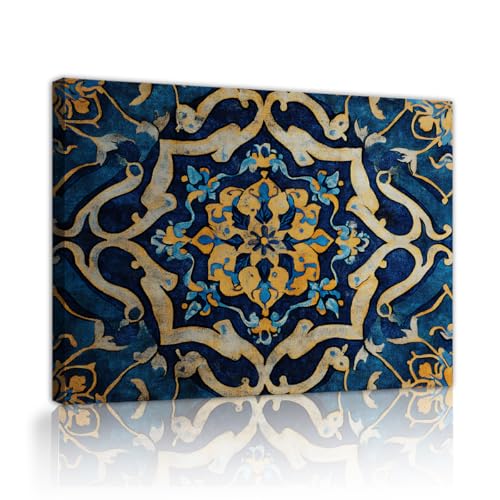 Art mural en toile bleue et dorée vintage bohème 45x60cm pour chambre