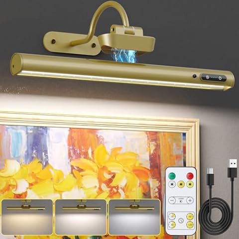 Picture Lights for Wall, 14in Picture Light Battery Operated with Remote, 3 Color Dimmable Timer, Rotatable Art Lights for Paintings Frame Gallery Dartboard Mirror(Gold) Cover