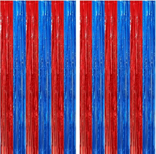 Image of 2Pack Red Blue Metallic Tinsel Foil Fringe Curtains, Blue Door Streamers Photo Booth Backdrop for Birthday Party, Tinsel Curtain Backdrop for Baby Shower Bachelorette Xmas Party Decorations