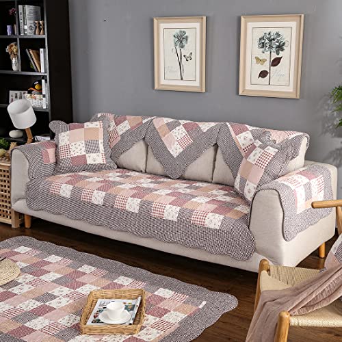 Xslive Cotton Quilted Sofa Cover Farmhouse Floral Patchwork Sectional Couch Cover Non-Slip Sofa Slipcover Furniture Protector For Dogs, Pets, Kid,1 Piece (Brown,35"X35") #TOP1