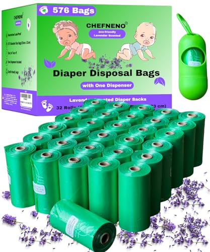 Image of Baby Diaper Bag Disposable (576 Sacks) Biodegradable Lavender Scented 32 Refill Rolls with Dispenser Diaper Sack Disposable Dog Poop Cat Litter Poop Bags Sanitary Pad Waste Bags (Scented, 576 Bags)
