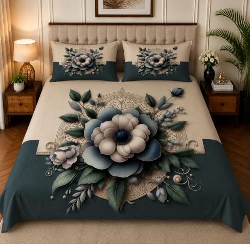Image of 7D Digital Printed King Size Bedsheet with 2 Pillow Covers | Soft Premium Cotton Feel Microfiber Double Bed Bedsheet | Breathable, Wrinkle Free & Fade Resistant | (Floral, KingSize-225x250CM)