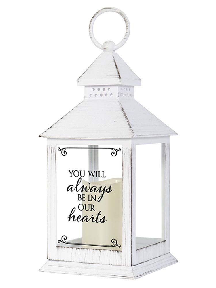 Farol conmemorativo blanco envejecido con vela sin llama