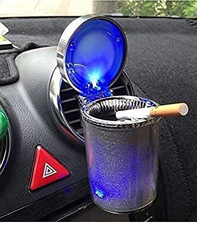 YOURKARTS.COM Car ash tray Diamond cut surface Designer Cigarette Rainbow Colors Fire Proof Chrome color with Blue LED Light Smokeless Cigarette All Car Models Home Office (Silver)