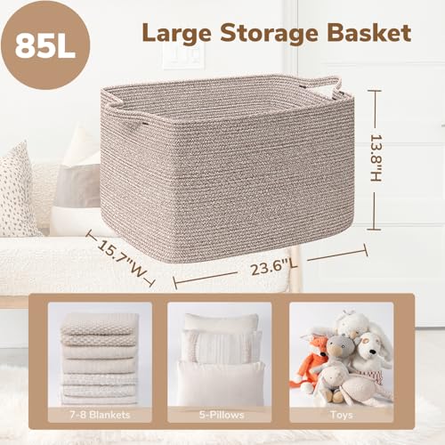 Goodpick Blanket Basket, Woven Baskets for Storage, Extra Large Storage Basket for Clothes, Toys, Dirty Clothes Basket for Laundry, Living Room, 23.6" x 15.7" x 13.8", Brown, 85L