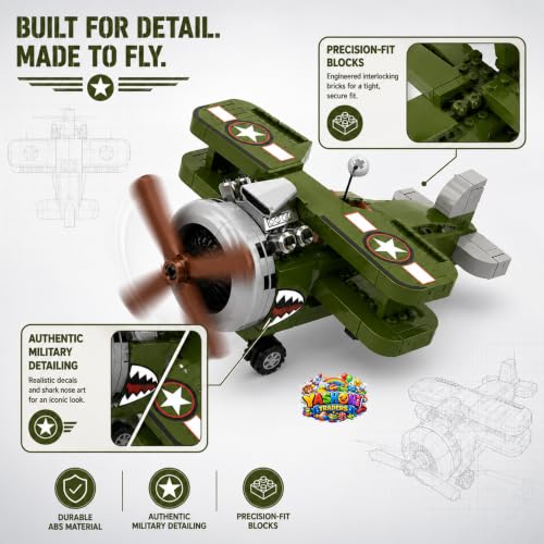 Image of Yashoni Fighter Plane Building Blocks Set - 182 Pcs Military Aircraft Model | Pull String Propeller Action, STEM Construction Toy for Kids 6+ Boys & Girls | Educational 3D Building Kit, Gift