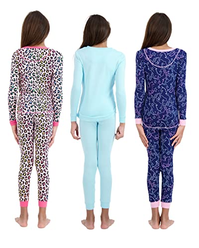 Just Pajamas Girls Pajamas Set 6 Piece Soft Snug Fit Sleepwear Set Long Sleeve Sleep Shirts And Pants For Toddlers And Big Girls (Pink Leopard-Blue-Light Blue, 14) #TOP2