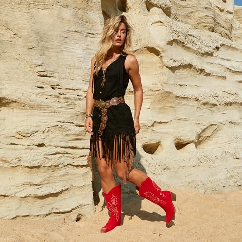 Image of IUV Cowboy Boots For Women Western Cowgirl Boots Mid Calf Snip Toe | Chunky Heel Ideal for low insteps