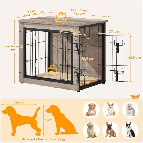 Yaheetech Hundekäfig Möbel mit Hundedecke & 2 Türen, Hundebox für Zuhause, Moderne Hundehütte Indoor, Hundebox Holz für Wohnzimmer, 69x51x61 cm, Grau