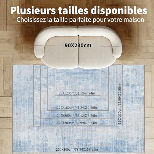 Tapis de salon bleu lavable en machine et antidérapant