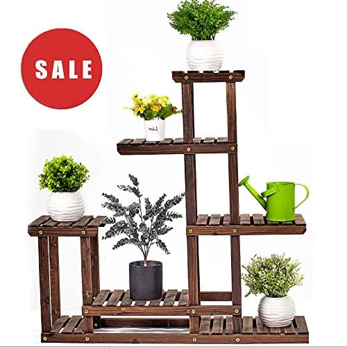 Wooden Plant Stand 6-Tier Flower Rack Multi Wood Shelves Bonsai Display Storage Shelves Indoor Outdoor Yard Garden Patio Balcony for Multiple Plants (6 Wood Shelves 10 Pots)