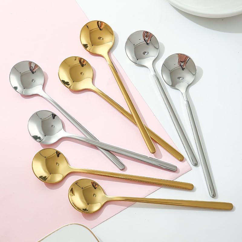 Ce Coffret de Couverts Comprend 6/24/36/48 pièces en Acier Inoxydable 304, Dont Une Petite cuillère Ronde à Long Manche, idéale pour remuer Le café ou Les Desserts. Couleur : Or.