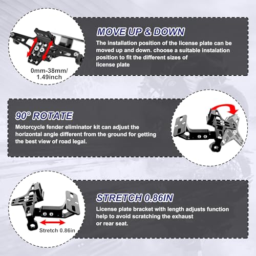 Motorrad-Kennzeichenhalter, Universal Motorcycle Fender Eliminator with LED Light CNC Aluminum Motorcycle License Plate Bracket Motorcycle License Plate Holder
