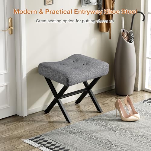 Image of Memobarco 18-Inch Large Vanity Stool Chair, Vanity Bench with Metal X-Legs, Ottoman Accent Stool with Breathable and Soft Boucle Fabric Saddle Seat, Grey