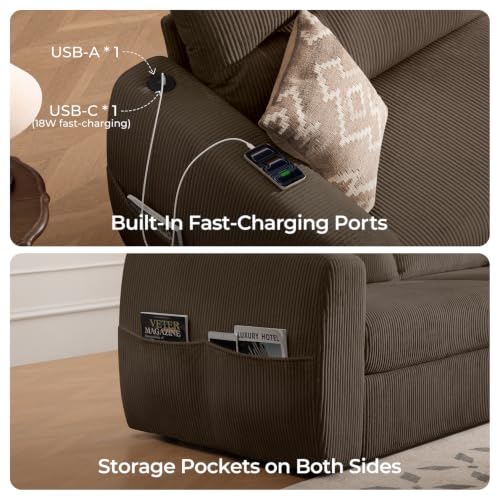 Image of 88.6 inch Modern Storage Loveseat Sofa, Small Couches for Living Room, Brown | Corduroy, USB Charging, Pull-Out Storage, Deep Seat, Comfy Love Seat for Small Spaces, Apartment, Bedroom, Dorm, Office