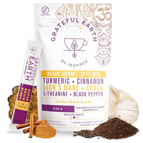 Grateful Earth Mushroom Coffee, Coconut Instant Coffee with Cinnamon, Turmeric, Lion’s Mane Mushrooms, L-Theanine, Chaga, Super Brain Blend For Energy & Immune Support, Dairy & Gluten Free, 20 Packets