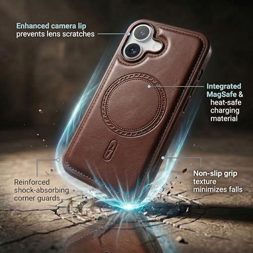 Image of amazon basics Premium PU Leather Case for iPhone 16, MagSafe Compatible Magnetic Ring, Sleek Protective Back Cover - [Brown]