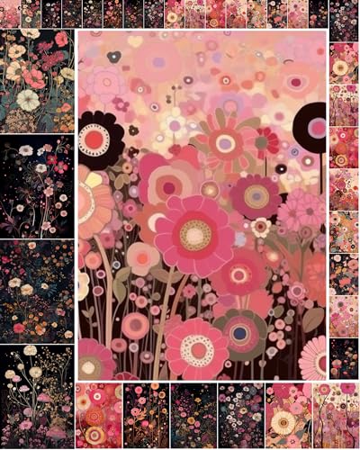 Decoupage Paper Pack (35 Sheets 6"x8") Sweet Illustrations of Pink nd Black Flower Fields FLONZ Vintage Illustration Pictures Cards for Decoupage, Craft and Scrapbooking
