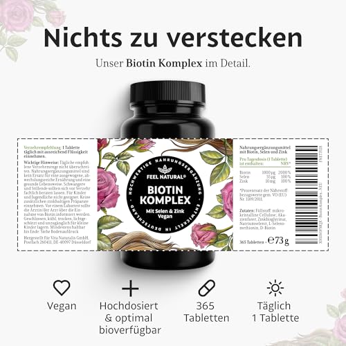 Biotin Komplex mit Selen & Zink – 365 vegane Tabletten – für Haut*, Haare* & Nägel* – hochdosiert, ohne unnötige Zusätze – in Deutschland entwickelt & laborgeprüft