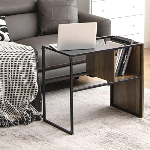 COSTWAY C Shaped Reversible End Table, Industrial Nightstand Bedside Sofa Side Table with Storage Shelf, Metal Frame Wooden Overbed Coffee Snack Table for Home Bedroom Living Room