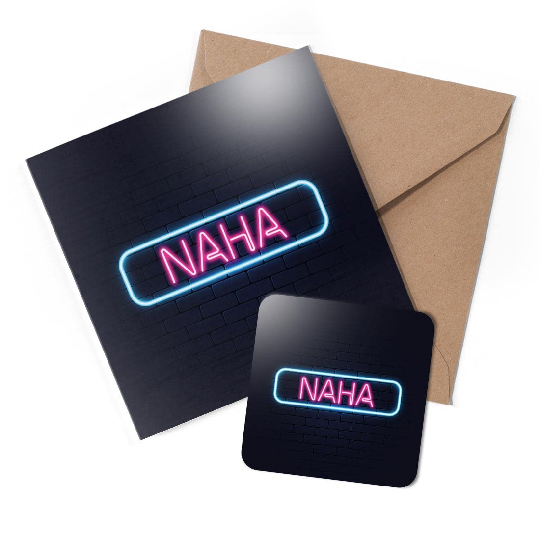1 x Greeting Card & Coaster Set - Neon Sign Design Naha City Japan - Birthday Thank You Friend Lover Fan Mum Dad Kids #351314