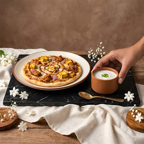 Image of miah decor Quarter Plates Set of 6, Ceramic Stoneware Plates | Cream Snack & Side Plates with Brown Rim | Ribbed Design | Microwave & Dishwasher Safe (MD-702)