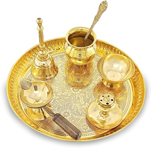 Image of BENGALEN Brass Puja Thali Set 8 Inch Pooja Thali with Pital Plate Kalash Chandan Wati Diya Dhup Dan Ghanti Spoon Arti Thali for Diwali Home Office Mandir Wedding Return Gift Items