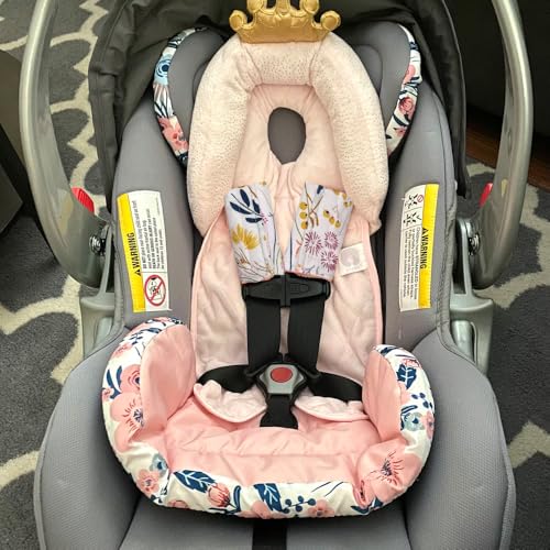 Image of Baby Car Seat Neck Cover, Car Seat Strap Cover, Seat Belt Cushions Pads, Shoulder Strap Protectors, Reversible Pram Harness Covers in Minky Floral, Baby Neck Pad Protector