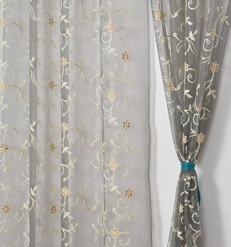 Image of Fabrilia Floral Pattern Embroidery Tissue Net Sheer Transparent Curtains for Door 7 feet Long Set of 2, Grey