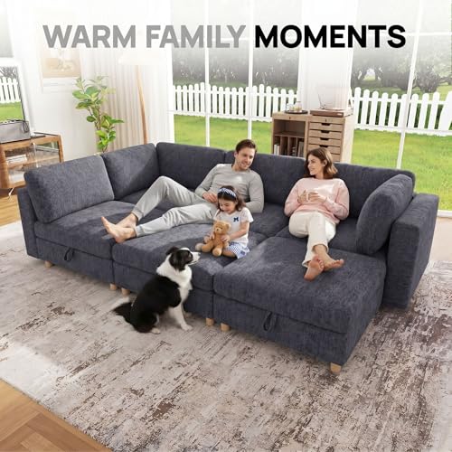Image of 99 inch Modular Sectional Sleeper Sofa, 6 Seaters Chenille Modular Sectional Sofas, Sleeper Sofa Bed with Storage & Ottoman, Sleeper Couch with Removable Covers, Grey Sectional Couches for Living Room