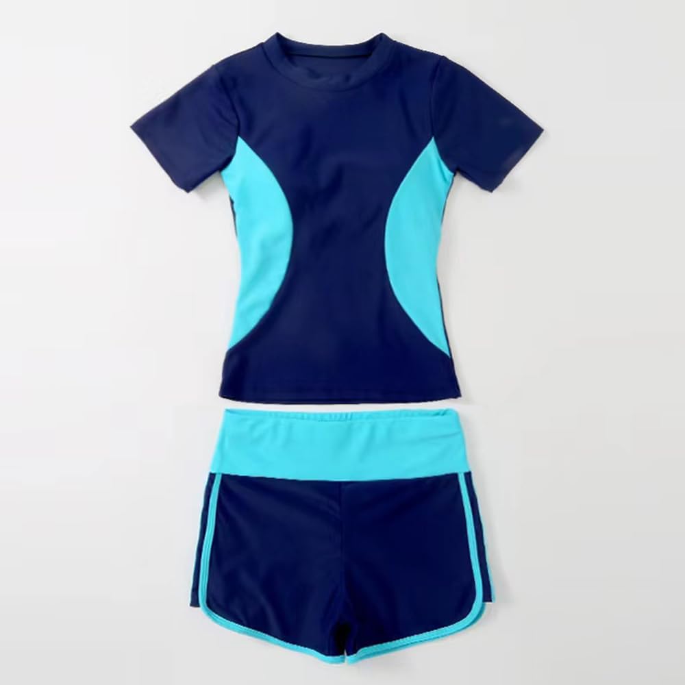Womens Two Piece Sports Swimsuit Athletic Bathing Suit Short Sleeve Shirt with Boy Shorts Swimwear Swim Costume