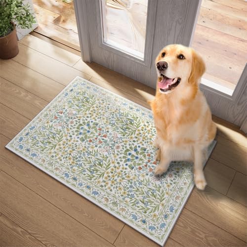 Image of Washable Entry Rug 2x3 Feet, Non-Slip Indoor Entryway Bathroom Kitchen Mat, Vintage Floral Design Rug Perfect for Entryway Decor