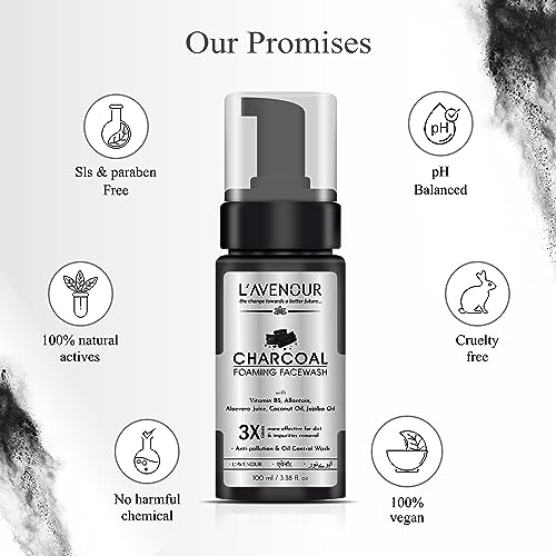 Image of L'avenour Charcoal Foaming Face Wash for Pollution & Oil Control with Activated Charcoal Powder, Aloe Vera, Coconut Oil, Jojoba Oil, For Men & Women - 100ml