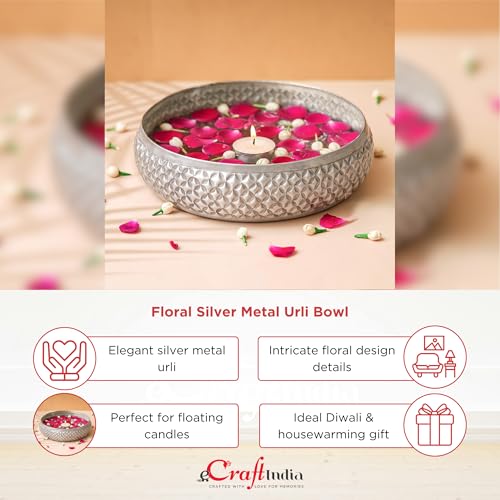 Image of eCraftIndia Floral Silver Metal Urli Bowl for Home Decoration Office Tv Unit Kitchen Showpiece for Good Luck | Urli for Floating Candles Flowers for Pooja Room Entryway Living Room Diwali Gift