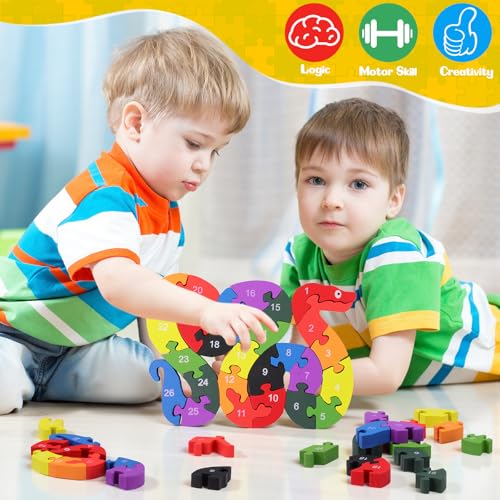 Image of Yunsailing 4 Pcs Alphabet Jigsaw Puzzle Wooden Blocks Toys Alphabet Educational Toddler Puzzle Toys for Preschool Learning Party Favor Gift Learning (Snake, Snail, Duck, Leopard)