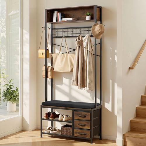 VEVOR Meuble d'Entrée 180 cm, Porte Manteaux avec Banc à Chaussures et 3 Tiroirs, pour Couloir Chambre Dressing, Vestiaire d'Entrée Autoportant, avec...