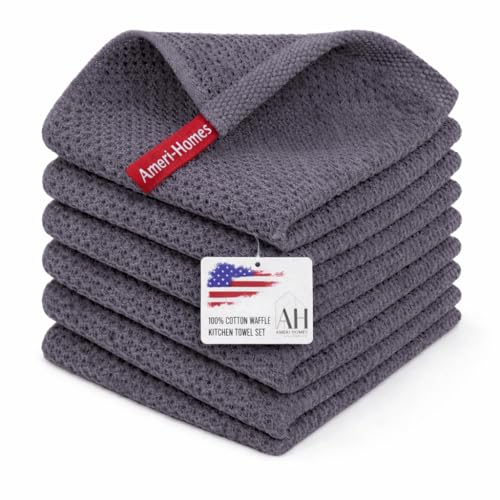 Image of Ameri-Homes 100% Cotton Waffle Weave Kitchen Dish Cloths 6-Pack- Ultra Absorbent & Quick Dry Cleaning Towels for Dishes, Counters & Kitchen Use - Soft, Durable & Lint-Free13.50 X 13.50 inches (Gray)