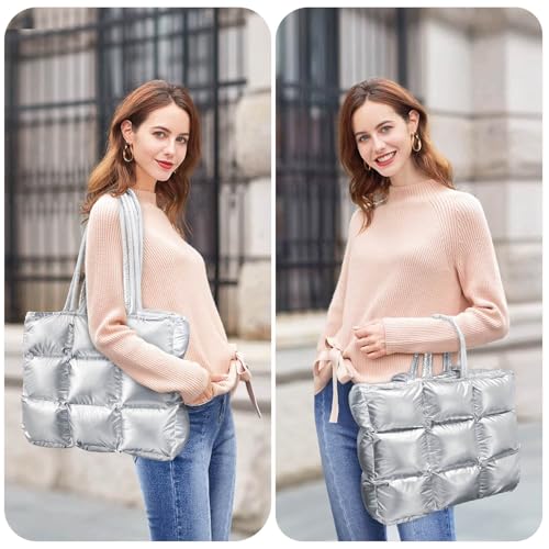 Image of Puffer Tote Bag for Women, Quilted Puffy Handbag, Quilted Shoulder Bag Fluffy Satchel Purse for Work Travel Shopping