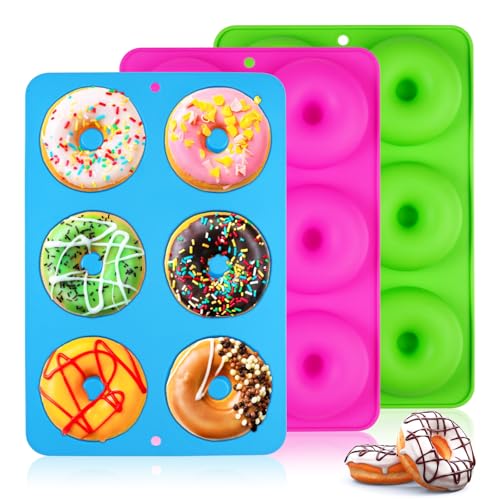 Lot de 3 moules à donuts en silicone à 6 cavités - Résistants à la chaleur - Moule à donuts en silicone - Anti-adhésif - Sans BPA - Pour faire des...