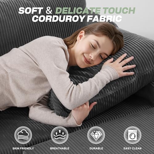Image of HABUTWAY 94 inch U Shaped Modular Sectional Couch for Living Room, Modular Cloud Sofa with Ottoman, No Assembly Boneless Couches with Deep Seat, Corduroy Fabric (Grey, Left Facing)