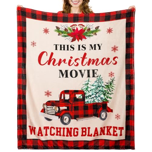 Buryeah 50'' x 60'' Christmas Throw Blanket This is My Christmas Movie Watching Blanket Plush Warm Black Red Movie Lover Gifts Home Decor for Sofa Couch Bed