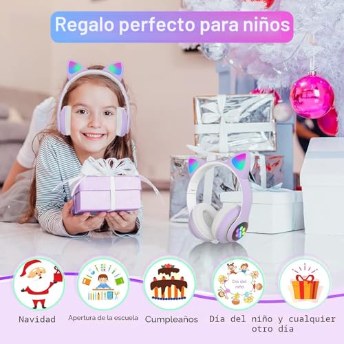 Miniatura 9 de Ohaanyy Auriculares Inalámbricos Bluetooth Para Niños, Plegable Ajustables Cascos Con Micrófono Y Control De Volumen, Auriculares Para Niña De Mujer Cumpleaños De Navidad Lila