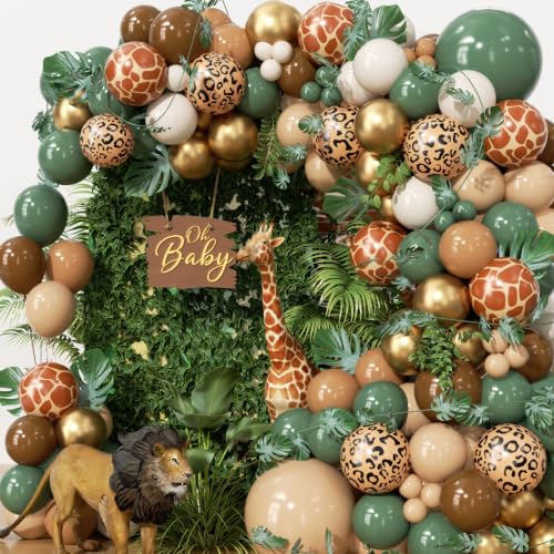 PTGOLUO Jungle Safari Balloons Arch Garland Kit 160Pcs with Palm Leaves artificial Ivy leaves, Sage Green Brown Animal Print Balloons Arch kit for Two Wild One Safari Baby Shower Birthday Party Decor