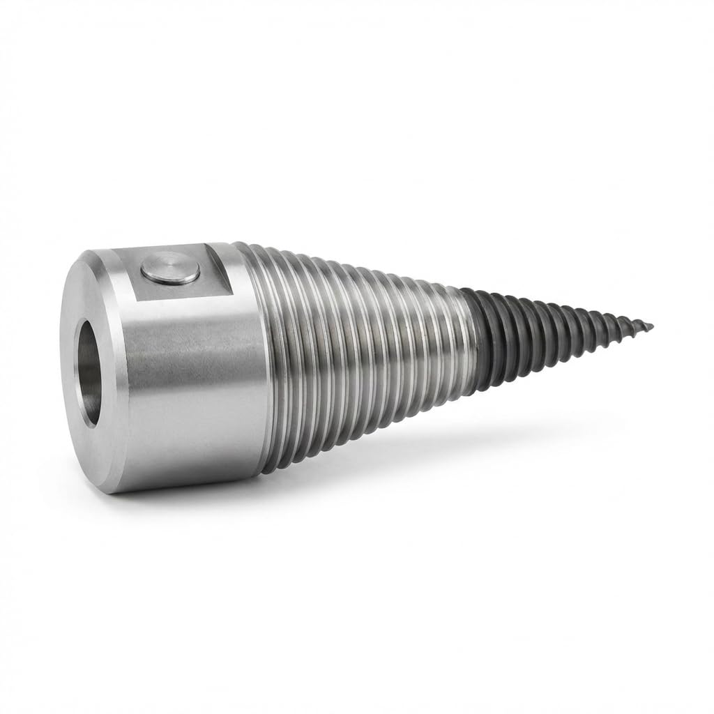Holzspalter Drillkegel Ø120mm für 3T Rotator, Aufnahme 49,5–50mm, Linksgewinde 6mm Steigung, ca. 300mm Länge, C45 Stahl, wechselbare gehärtete Spitze, Querbohrung für 25mm Sicherungsbolzen