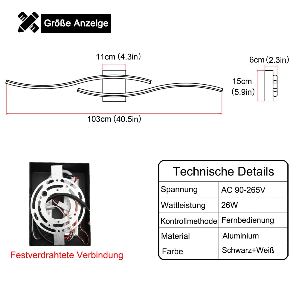 Modernes 2er-Set Wandleuchten mit Fernbedienung, Dimmbare LED-Wandleuchten 26W, Schwarze Wandleuchte mit Timer, Wandbeleuchteung für Wohnzimmer Schlafzimmer Flur, Schwarz, 103 CM
