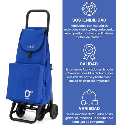 GARMOL Carro de la Compra Térmico Plegable 55 Litros |Bolsillo Térmico Interior de 11 Litros | Carro de la Compra 4 Ruedas Gran Capacidad Abatible | Carrito Compra Plegable Color Azul