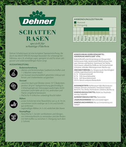 Dehner Saatgut Schattenrasen, hochwertige Rasensamen robust/pflegeleicht, selbstregenerierend, ideal für schattige/halbschattige Flächen, FSC-zertifizierte Verpackung, 500 g für ca. 25 m²