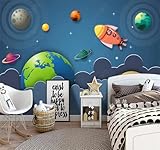 XLMING Dibujos Animados Hechos A Mano Cielo Estrellado Universo Planeta Cohete 3D Papel Pintado Pared Premium Textura Seda Estudio Comedor Vinilos Dormitorio Sofás TV Cocina-350cm×256cm