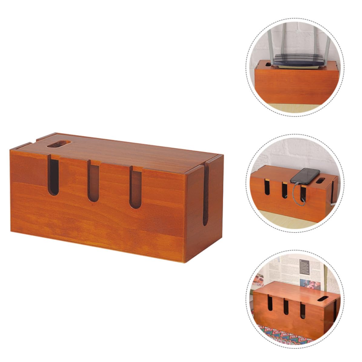 Scatola Porta Cavi Organizer in Legno Marrone per Scrivania | Custodia per Ciabatta, Finitura Liscia senza Sbavature, Aspetto Moderno e Semplice