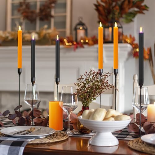 Image of Orange & Black Flameless Taper Candles with Remote, Halloween LED Candles | Battery Operated Candle with 3D Wick, 9.6 inch Real Wax Fake Candlesticks, Warm Candle Light for Home, Table, Party, 6 Pack